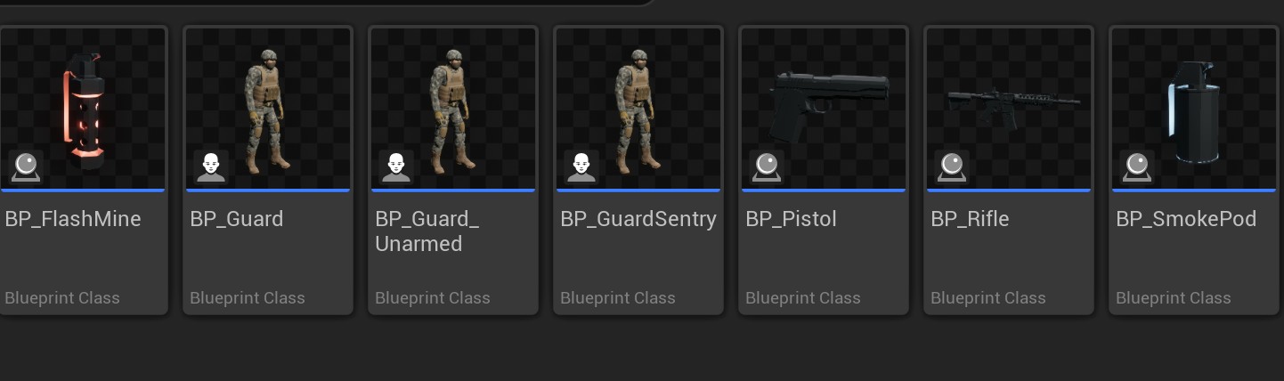 Blueprint classes: flash mine, guards, pistol, rifle, smoke pod