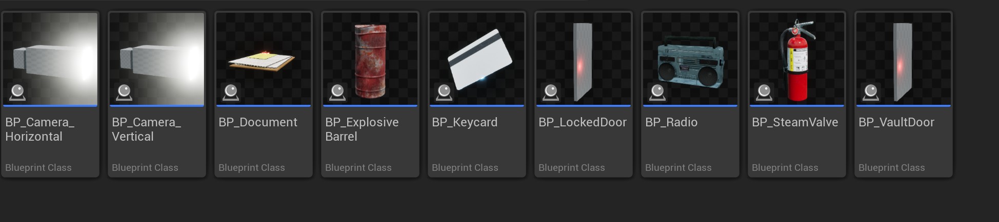 Blueprint classes: cameras, document, explosive barrel, keycard, doors, radio, steam valve