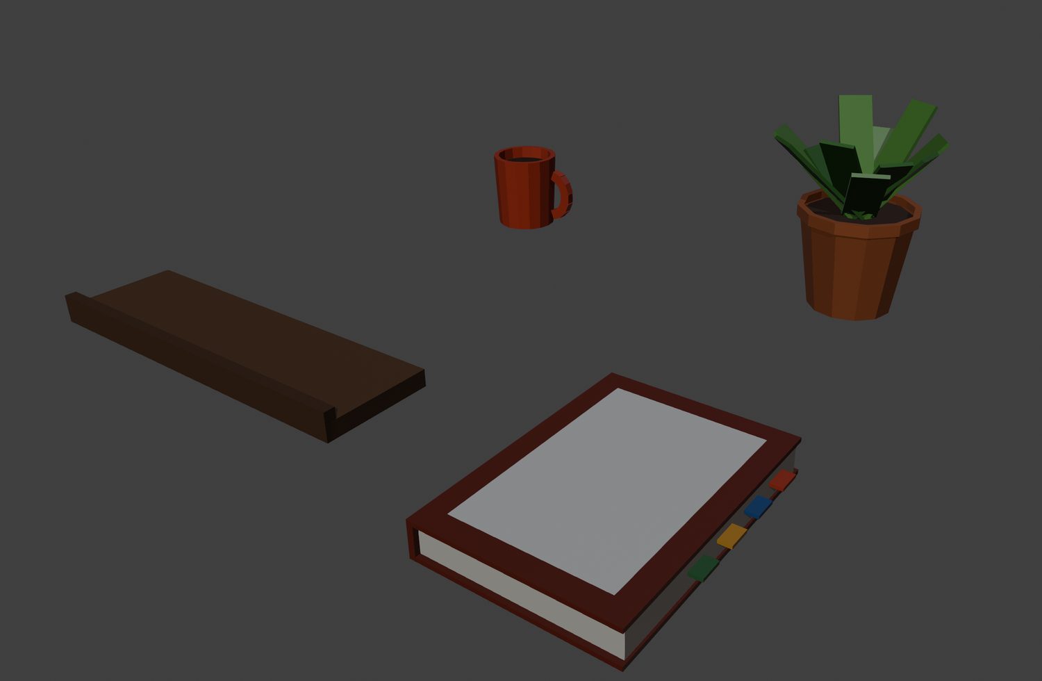 Desk set: mug, plant, shelf and rulebook